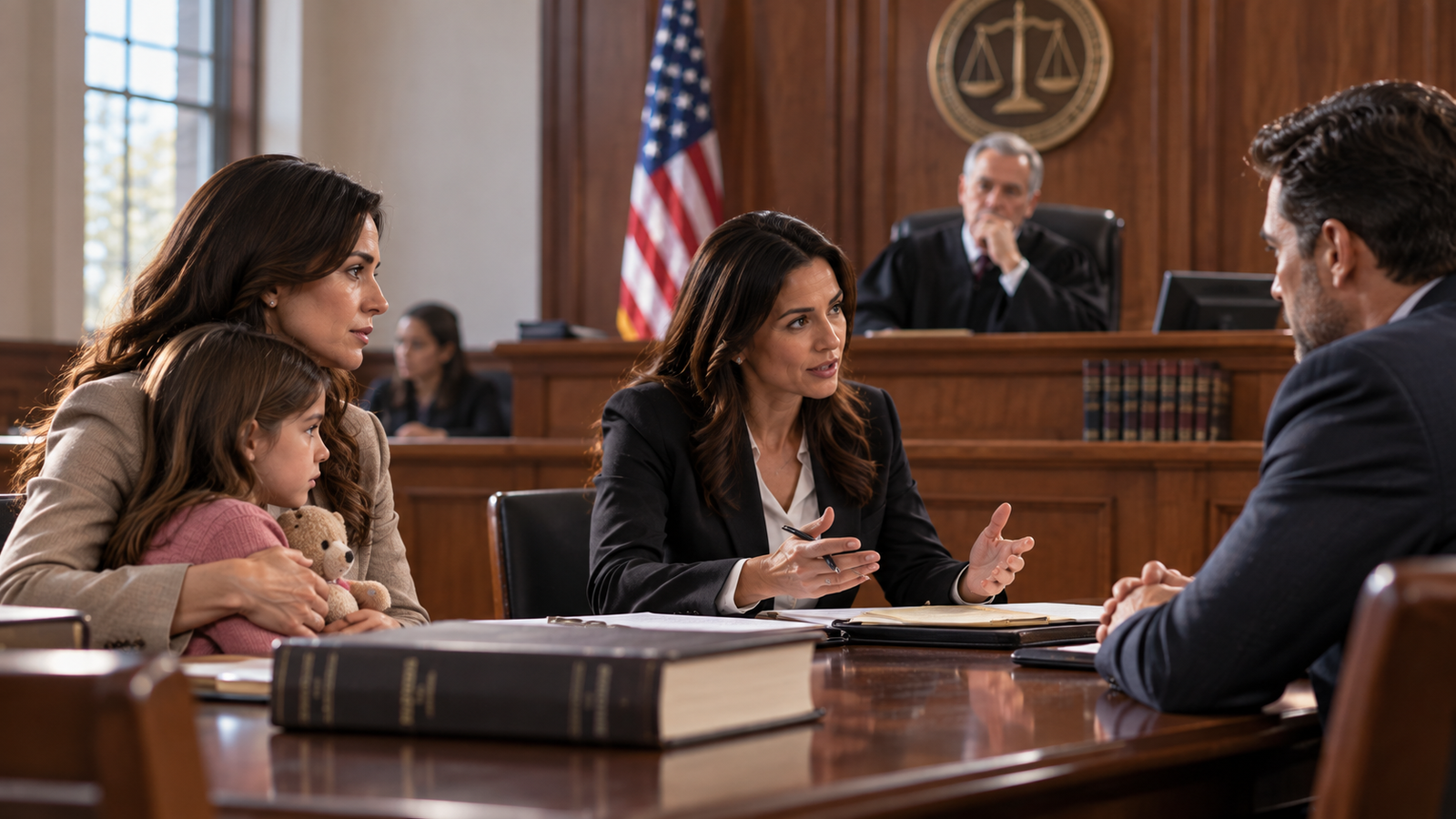 Family law attorney representing a mother and child in court