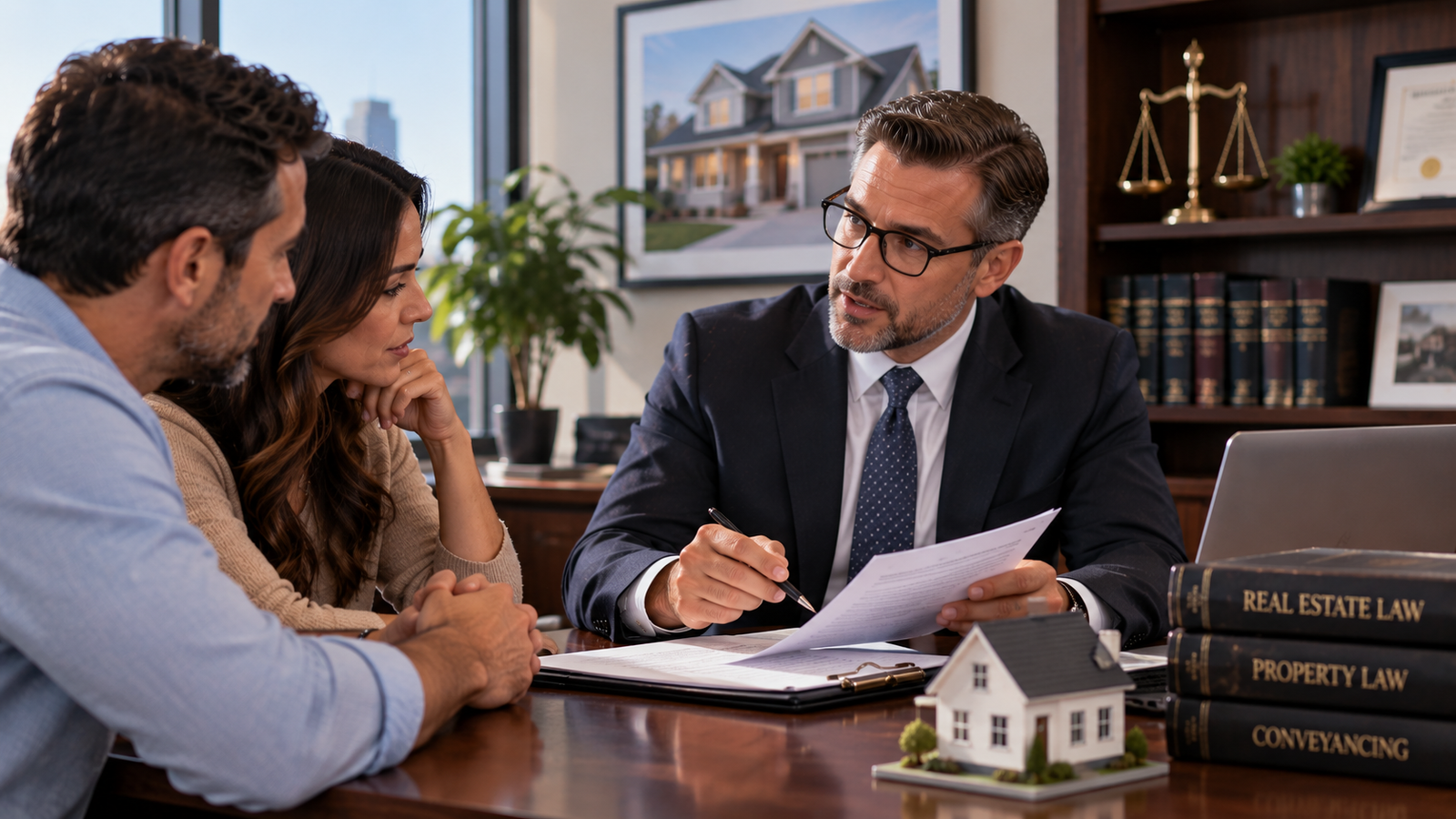 Estate planning attorney reviewing documents with clients